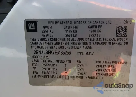 2014 Chevrolet Equinox 1Lt из США, поврежденный, VIN 2GNALBEK7E6135256